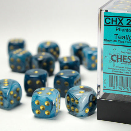 Bloque de dados Phantom Teal/gold de 16 mm d6 (12 dados)