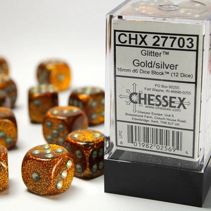 Bloque de dados D6 de 16 mm con purpurina (12 dados)