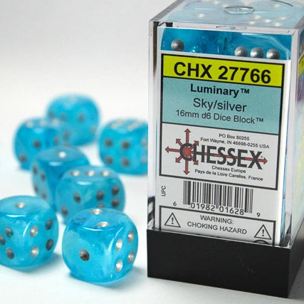 Bloque de dados Luminary d6 de 16 mm color cielo luminoso/plata (12 dados)