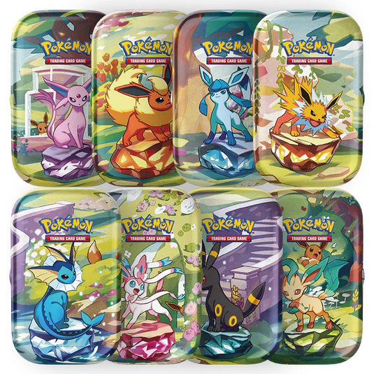 Pokemon Scarlet & Violet Prismatic Evolutions Mini Tin Display (8 Mini Tins) - Cartoncito Cards