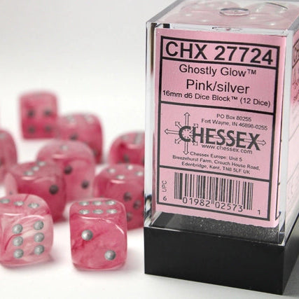 Bloque de dados D6 de 16 mm con brillo fantasmal rosa/plateado (12 dados)